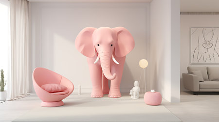 3d rendering of pink elephant in the childrens room with furnitureの素材