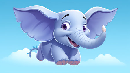 Cute cartoon elephant flying in the blue sky. Vector illustration.の素材