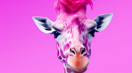Head of giraffe with pink hair on pink background. 3d renderingの素材