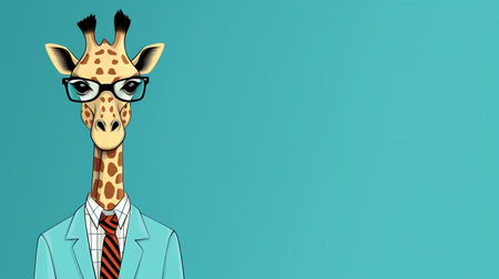 giraffe in glasses and a tie on a blue background.の素材