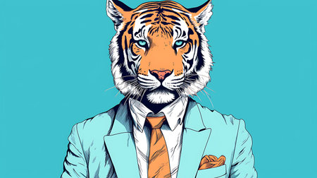 Vector illustration of a tiger in suit and tie on blue background.の素材