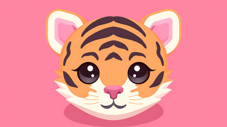 Cute Cartoon Tiger Face. Vector Illustration. Isolated on Pink Background.の素材
