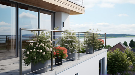 Balcony of a modern house, view from the balcony. 3d renderingの素材