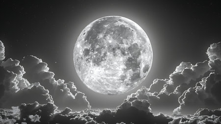 Full moon in the night sky with clouds and stars 3D illustrationの素材