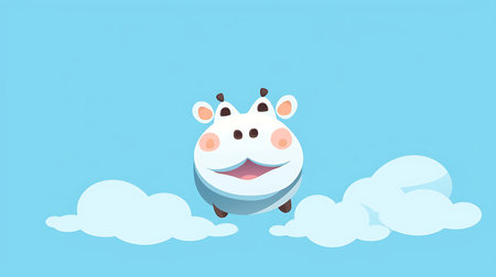 Cute cartoon hippo on blue sky background. Vector illustration.の素材