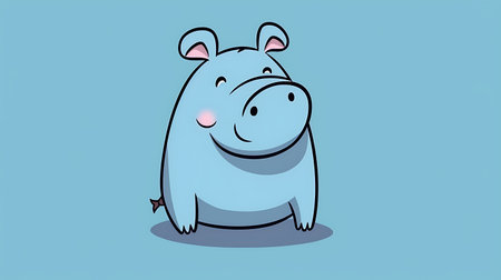 Illustration of a cute cartoon hippo on a blue background.の素材