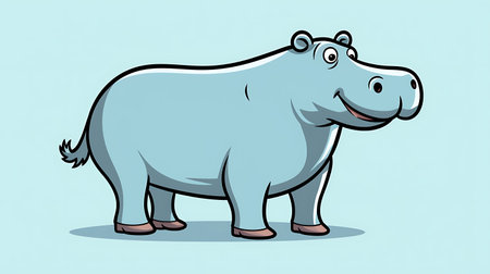 Cartoon hippopotamus standing on blue background. Vector illustration.の素材