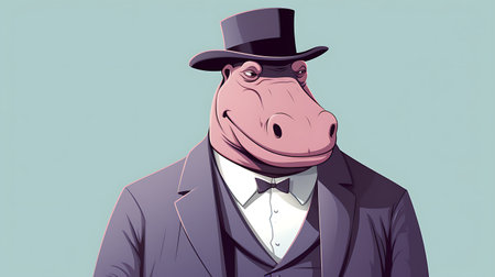 Hippo in a suit and a top hat, vector illustrationの素材