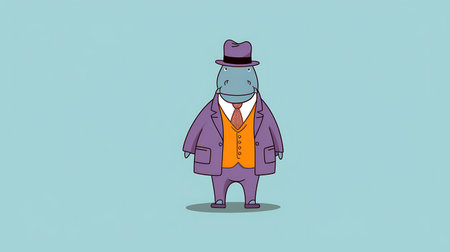 Cartoon hippo in a suit and hat. Vector illustration.の素材