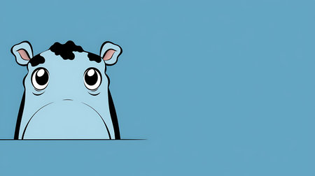 Cute cartoon hippo on blue background with space for text.の素材