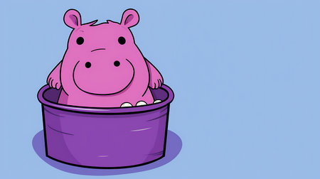 Cartoon hippo in a bucket of water. Vector illustration.の素材