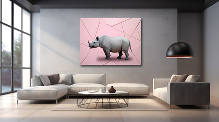 Modern living room interior with white rhinoceros picture on wallの素材