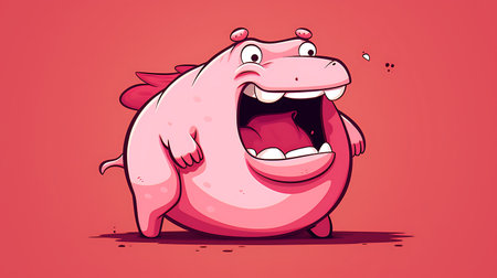 Funny pink hippo cartoon character. Vector illustration of a monster.の素材
