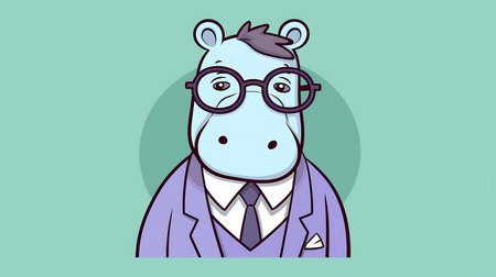 cartoon hippo with glasses, vector illustration in a flat styleの素材