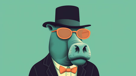 Hippo in a top hat and bow tie. Vector illustration.の素材