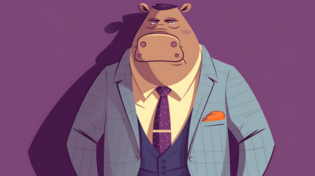Vector illustration of a funny cartoon hippopotamus in a suit.の素材
