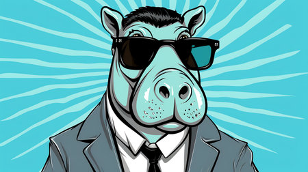 Vector illustration of a hippopotamus in a suit and sunglasses.の素材