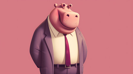Businessman with a pink hippopotamus in a suit. 3d renderingの素材