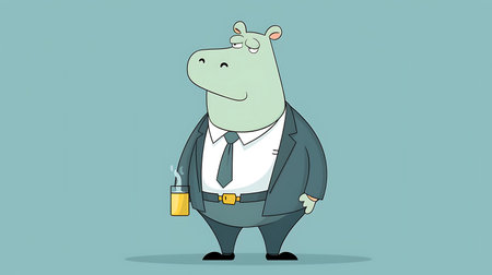 Hippo in business suit with a glass of beer. Vector illustrationの素材