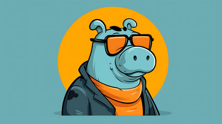 Hippo with sunglasses and orange scarf. Vector cartoon illustration.の素材