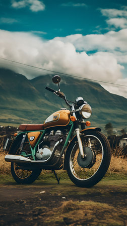 Motorcycle in the mountains. Beautiful mountain landscape with motorbike.の素材
