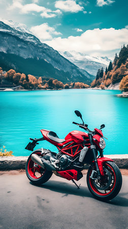 Motorcycle on the lake with mountains in the background and blue skyの素材