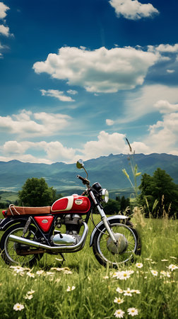 Beautiful landscape in the Carpathian mountains with a vintage motorcycleの素材