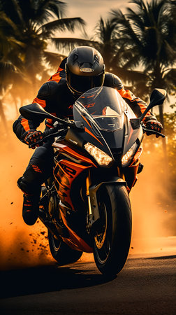 Motorcycle rider riding on the road in the sunset. Sports bike.の素材