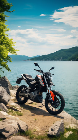 Motorcycle on the shore of the lake. View from the mountain.の素材