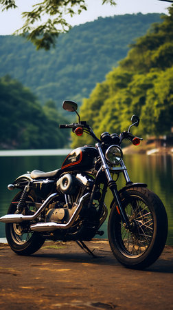 Motorcycle parked on the shore of a lake in the mountains.の素材