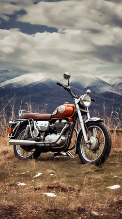 Motorcycle in the mountains. Retro style toned image with shallow depth of fieldの素材