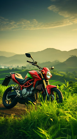 Motorcycle on the road in the mountains at sunset, Thailand.の素材