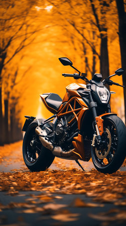 Motorcycle in the autumn forest. Sportbike on the road.の素材