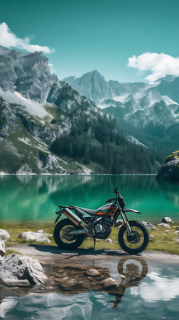 Mountain landscape with a motorbike on the bank of the lakeの素材