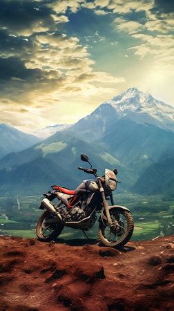 motorcycle on the top of the mountain against the backdrop of the sunsetの素材