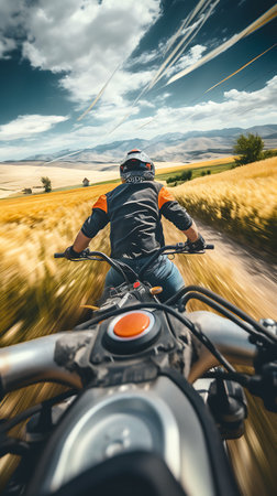 Rear view of a man riding a motorcycle on a wheat field.の素材