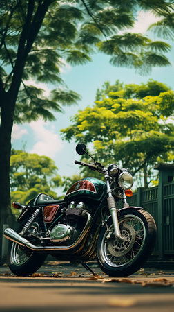 Vintage motorcycle parked in the park with green trees in the background.の素材