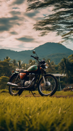 Rear view of a motorcycle parked in the middle of a rice field.の素材