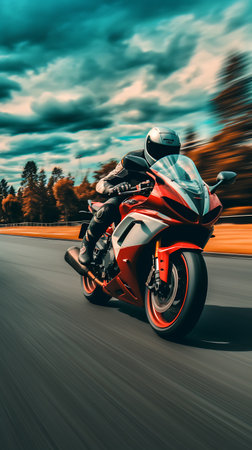 Motorcycle rides on the road. Motion blur. Concept of speed and motion.の素材