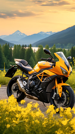 Motorcycle on the road with yellow flowers in the mountains at sunsetの素材