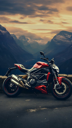 Racing motorcycle in the mountains at sunset. Toned image.の素材