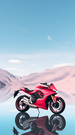 3d rendering of a red motorbike in the desert with reflectionの素材