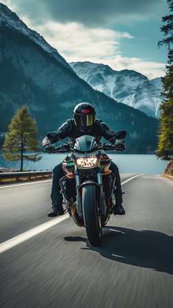 biker riding a sports motorbike on a road in the mountainsの素材