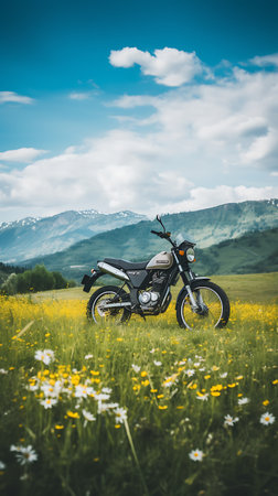 Motorcycle on a meadow with yellow flowers and mountains in the backgroundの素材