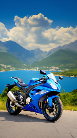 blue sportbike on the road against the background of the sea and mountainsの素材