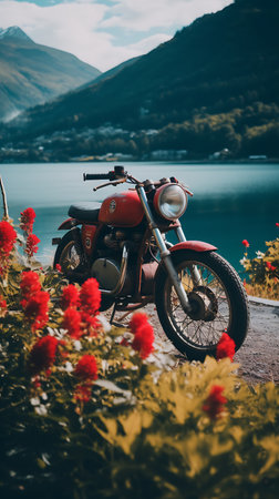 Motorcycle on the shore of Lake Wakatipu, Queenstown, New Zealandの素材
