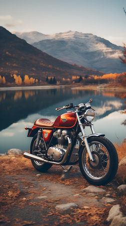 Motorcycle on the shore of a mountain lake in the autumn.の素材