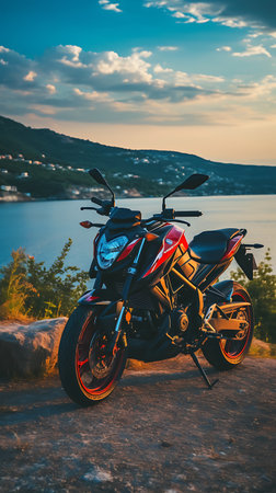 Motorcycle on the background of the sea and mountains at sunset.の素材