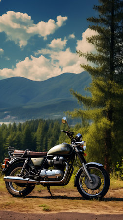 Motorcycle stands on the road against the backdrop of the mountains.の素材