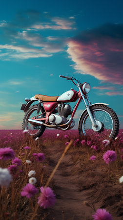 motorcycle in the field at sunset. 3d illustration.の素材